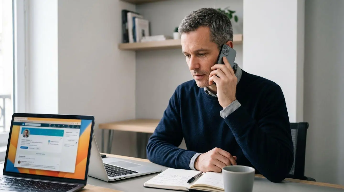 Responsable d'entreprise effectuant un appel de vérification de référence client auprès d'un ancien client d'agence événementielle, consultant simultanément le profil LinkedIn de l'agence sur son ordinateur portable et prenant des notes manuscrites